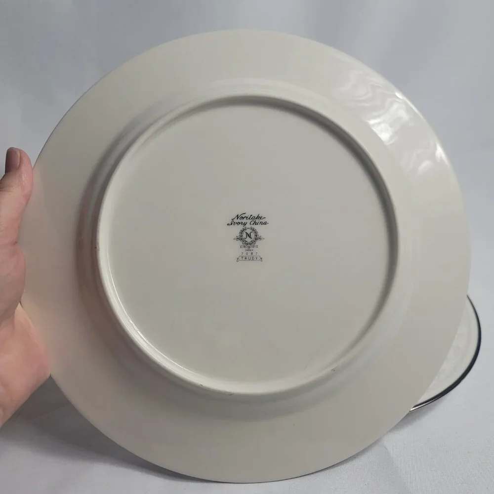TWO Noritake Trudy Dinner Plates Ivory with Blue & White Scrolls 7087
